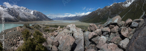 Mount Cook Tasman River New Zealand panorama rocks moutains