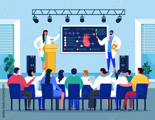 Medical seminar conference with doctors meeting on heart medicine healthcare treatment vector illustration. Meeting room for medics workshop presentation with people and doctor speaker.
