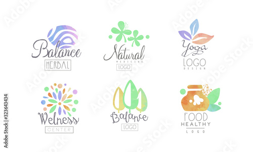 Natural Medicine Logo Design Collection, Wellness Center, Healthy Food, Balance Watercolor Badges Vector Illustration