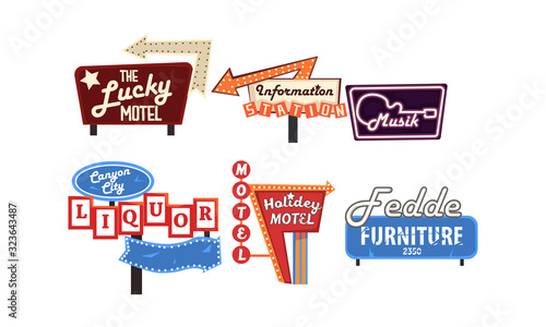 Retro Signs Collection, Vintage Bright Billboards, Signboards, Light Banners Vector Illustration