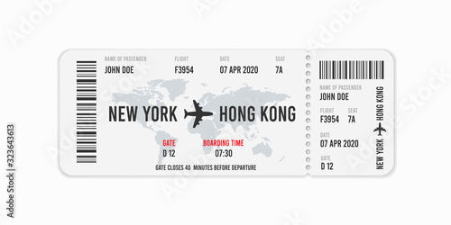 Realistic airline ticket design with passenger name. Vector illustration
