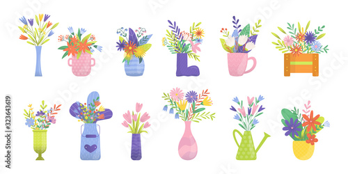 Bouquets of flowers, florist of tulips, orchids, lilies, roses or callas, han...