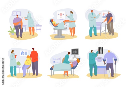 Doctors appointment with patients at hospital and medical consultation in clinic vector illustration. Physician doctor and patients people for medics diagnosis and medicine treatment for illness.