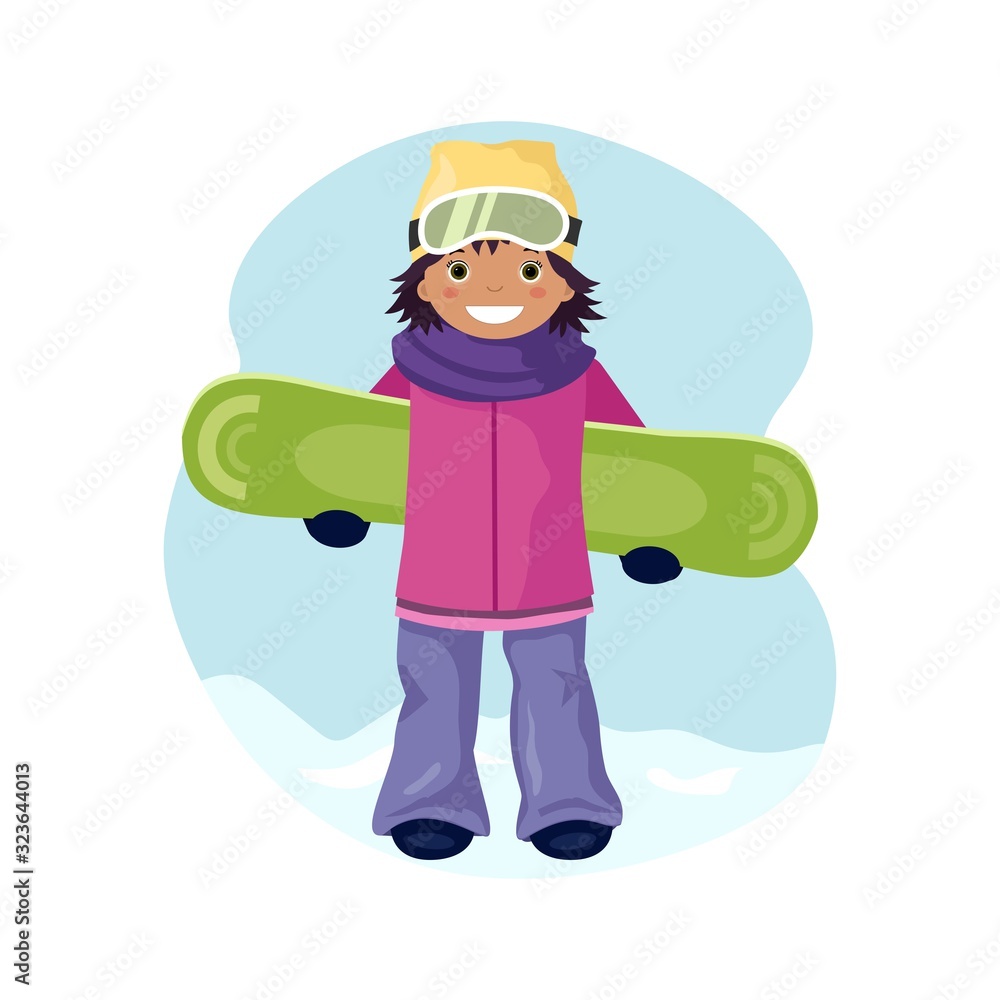 Cute brunette smiling girl in hat and sunglasses holding snowboard. Young snowboarder, skier. Winter fashion. Ski resort. Vector illustration in cartoon style Cute brunette smiling girl in hat and sunglasses holding snowboard. Young snowboarder, skier. Winter fashion. Ski resort. Vector illustration in cartoon style