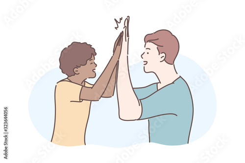 Friendship, informal greeting concept. Illustration of international friendship. Informal greeting, communication in cartoon style. Young cheerful guy gives high five to his friend