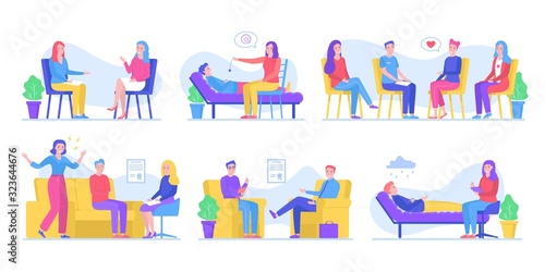 People help in psychotherapies, talk to psychologist, group therapy, hypnosis, family collection vector illustrations set. Psychotherapy counseling for psychological problems, depression and health.