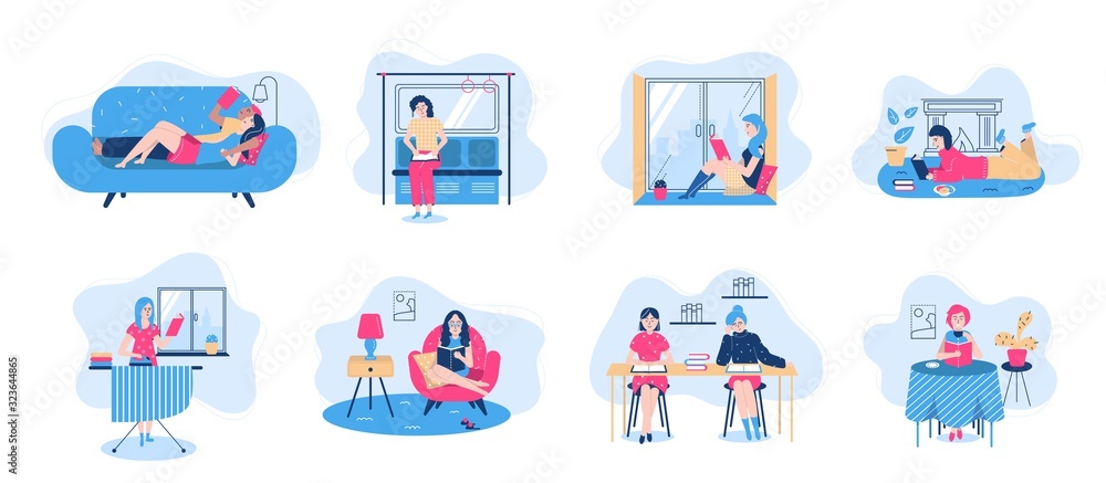 Reading books people character set with books in poses sitting, lieyng isolated vector illustration. Man and woman read or study in texbook on sofa, love to literature, reading and knowledge.