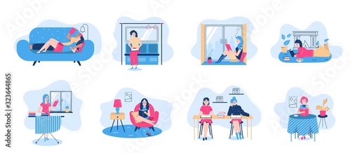 Reading books people character set with books in poses sitting, lieyng isolated vector illustration. Man and woman read or study in texbook on sofa, love to literature, reading and knowledge.