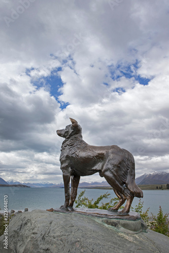 Statue Sheppard dog Lake Tekapo New Zealand. Church of the good Sheppard. South Island