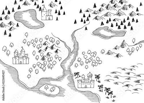 Old map retro graphic black white sketch illustration vector