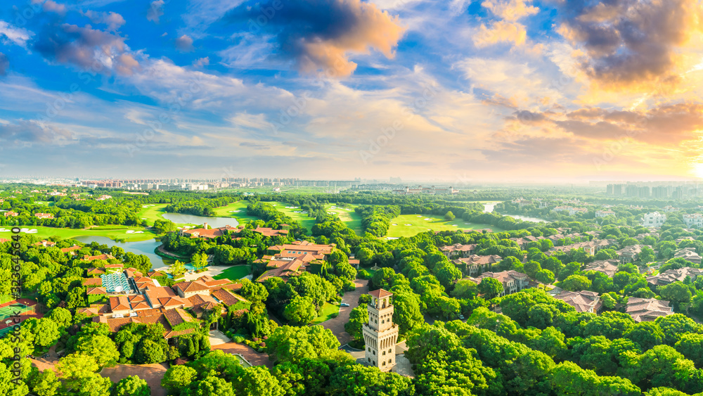 Fototapeta premium Aerial view of a beautiful green golf course in Shanghai.