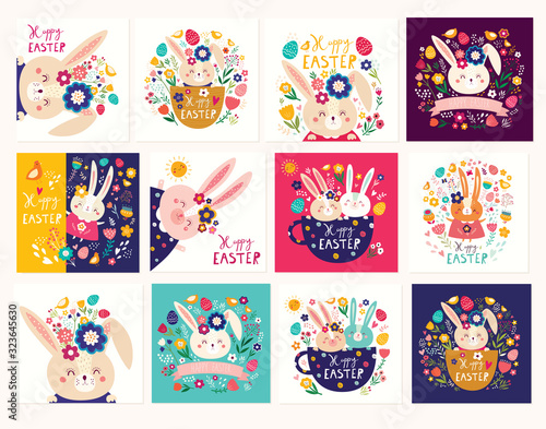 Big collection of vector Easter holiday cards with cute Easter bunnies, flowers, leaves, birds.