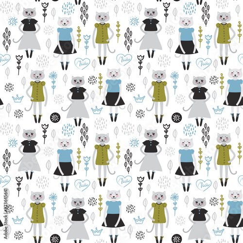 seamless pattern Kawaii cat girl in dress, cartoon pet black mustard blue gray flowers leaves on white background. For greeting card, fashion print for baby clothes Gift wrap fabrics wallpaper. Vector