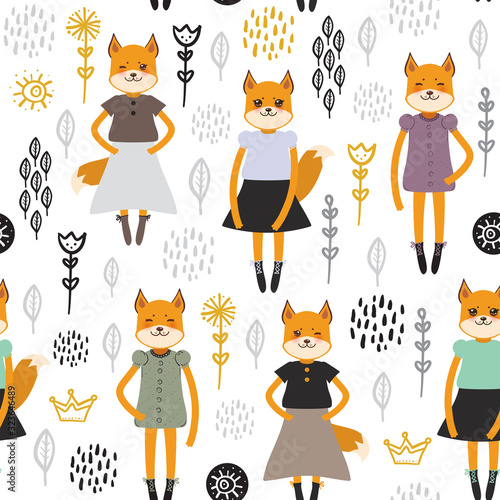 Seamless pattern funny Kawaii fox girl in dress, cartoon flowers green lilac black white background. Can be used for greeting card, fashion print for baby clothes Gift wrap, fabrics, wallpaper. Vector