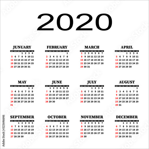 Calendar 2020 template. Calendar design   holidays in red colors. Vector