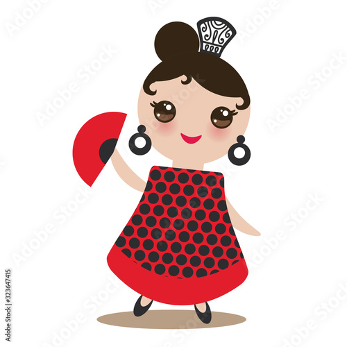 spanish Woman flamenco dancer. Kawaii cute face with pink cheeks and big eyes. Gipsy girl, red black white dress, polka dot fabric, fan, Isolated on white background greeting card design. Vector