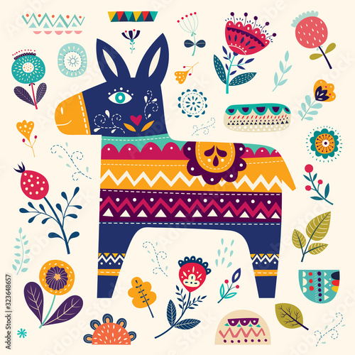 Mexican pattern with donkey and flowers