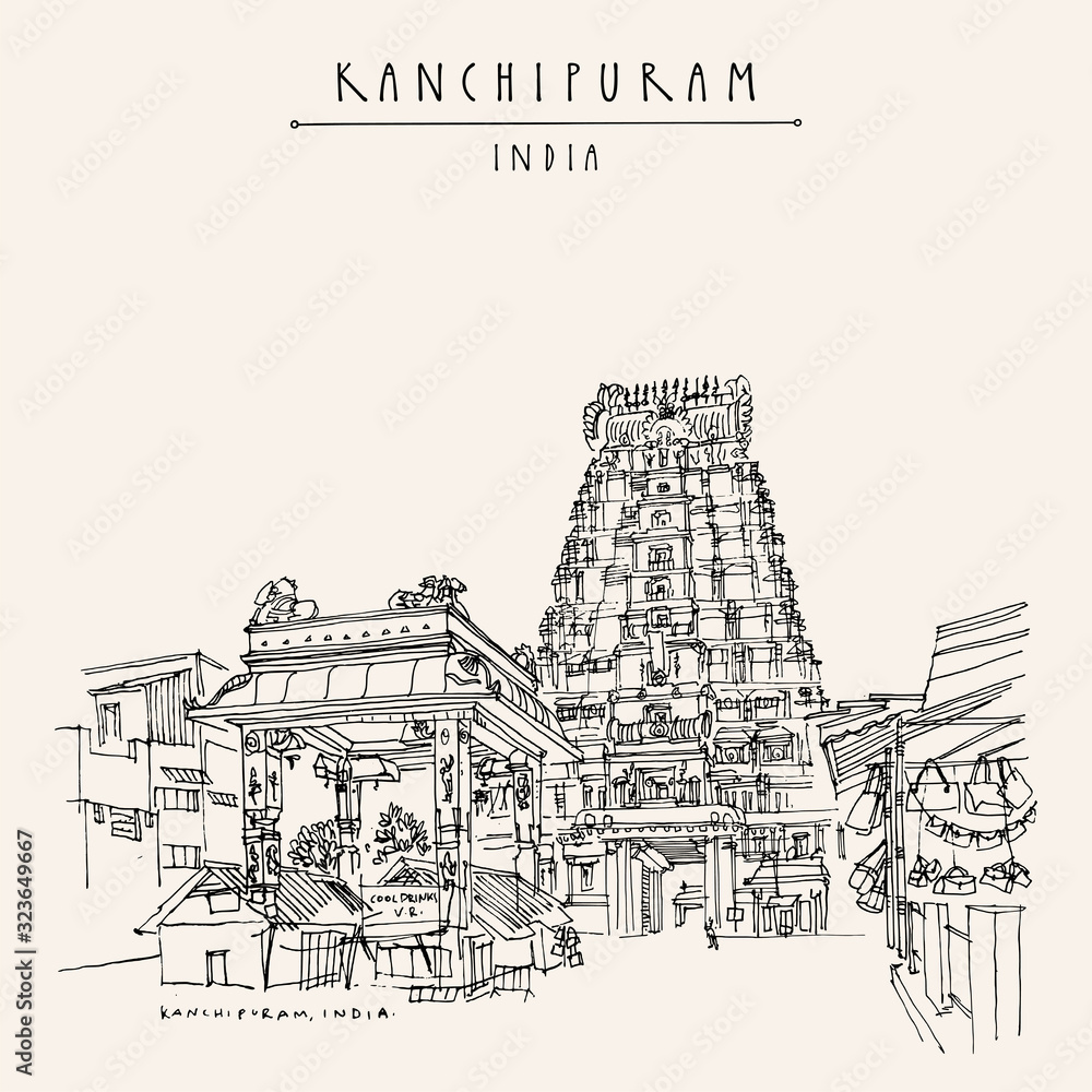 Kanchipuram (Kanchi), Tamil Nadu, South India. Market at Ekambeshwarar (Ekambaranatha) Temple. Hindu religion sacred place. Travel sketch drawing. Vintage hand drawn touristic postcard