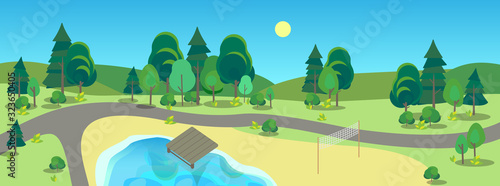 City park landscape. Green grass, pond and trees.