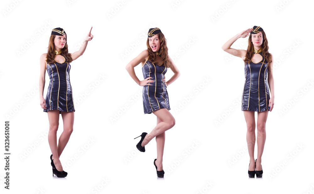 Stewardess pressing virtual buttons in the air Stewardess pressing virtual buttons in the air