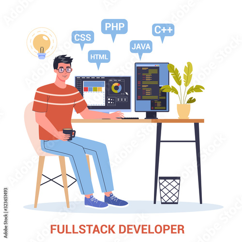 Vector illustration of a full stack developer working on computer.