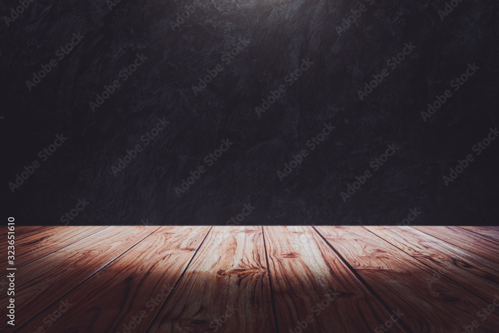 Empty wooden deck table top over dark grunge wall with spot light Ready for  used us display or montage products design. Stock Photo | Adobe Stock