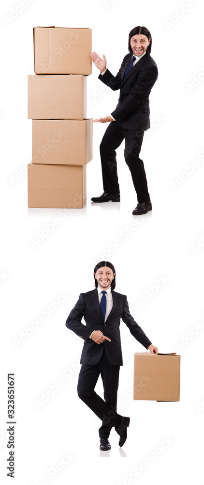 Funny man with boxes on white Funny man with boxes on white