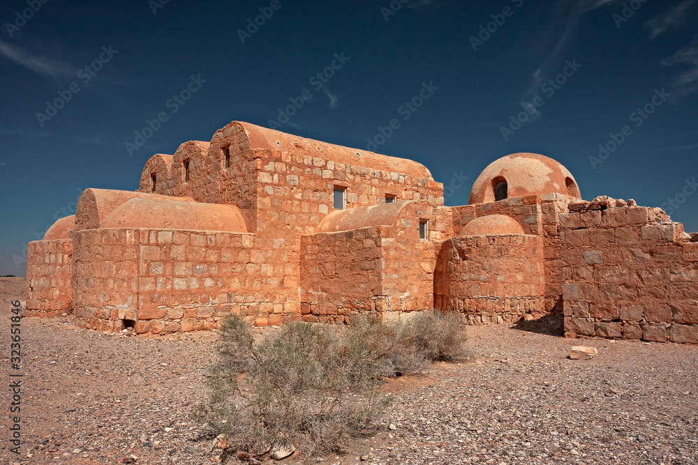 View of the archaeological ruins of the castle of Qasr Amra in Jordan.