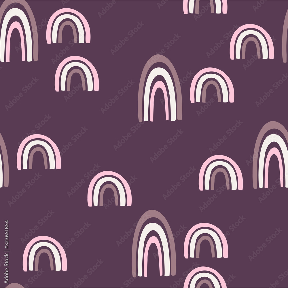 Simple seamless pattern with cartoon rainbows, decor elements.colorful design for kids.hand draw illustration on purple background, flat style.Concept baby design for fabric, print, textile, wrapper. Simple seamless pattern with cartoon rainbows, decor elements.colorful design for kids.hand draw illustration on purple background, flat style.Concept baby design for fabric, print, textile, wrapper.