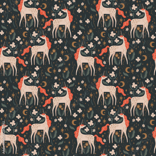 Cute isolated stylish boho unicorns seamless pattern design. Good night concept. Magical animals. Pastel colors. Pony nursery print. Vector