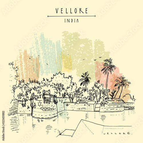 Vellore, Tamil Nadu, South India. Travel sketch drawing. Vintage hand drawn postcard