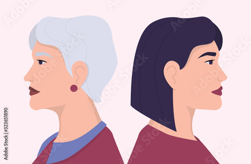 Young and old woman faces in profile . Young and elderly person