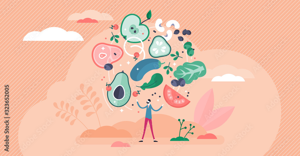 Fototapeta Flexitarian food culture movement, flat tiny person vector illustration