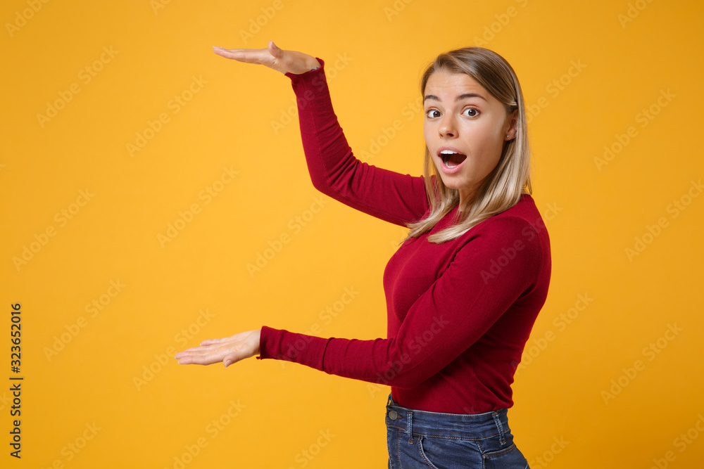 Shocked young blonde woman girl in casual clothes posing isolated on yellow orange wall background. People lifestyle concept. Mock up copy space. Gesturing demonstrating size with vertical workspace. Shocked young blonde woman girl in casual clothes posing isolated on yellow orange wall background. People lifestyle concept. Mock up copy space. Gesturing demonstrating size with vertical workspace.