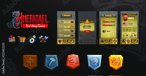 Viking design elements mobile game UI kit. Bronze, silver and gold shields with dragon logo for league. Wooden buttons with rating, settings, score, shop, play, tutorial. Vector isolated illustration