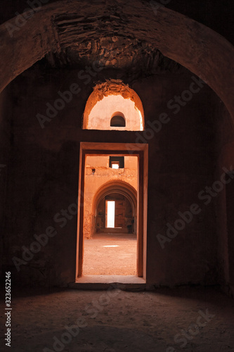 View of the archaeological ruins of the Qasr al-Kharana castle in Jordan.