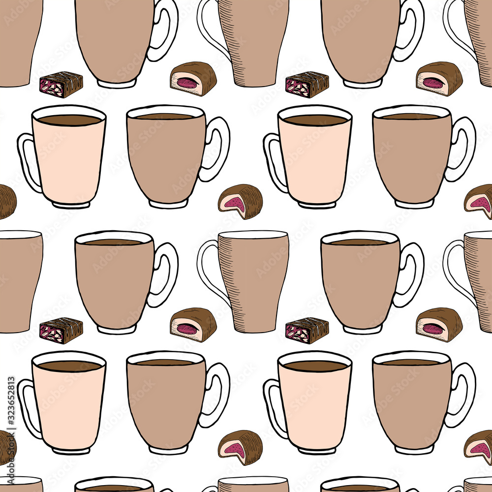 Hand draw seamless pattern. Cup of coffee, tea time. Vector illustration. Candy.