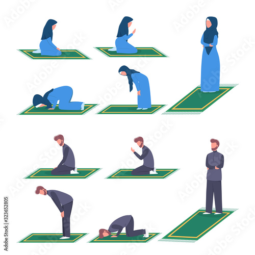 Muslim woman and man praying position. Woman and man