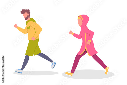 Muslim couple of jogger run together. Sport training and exercise