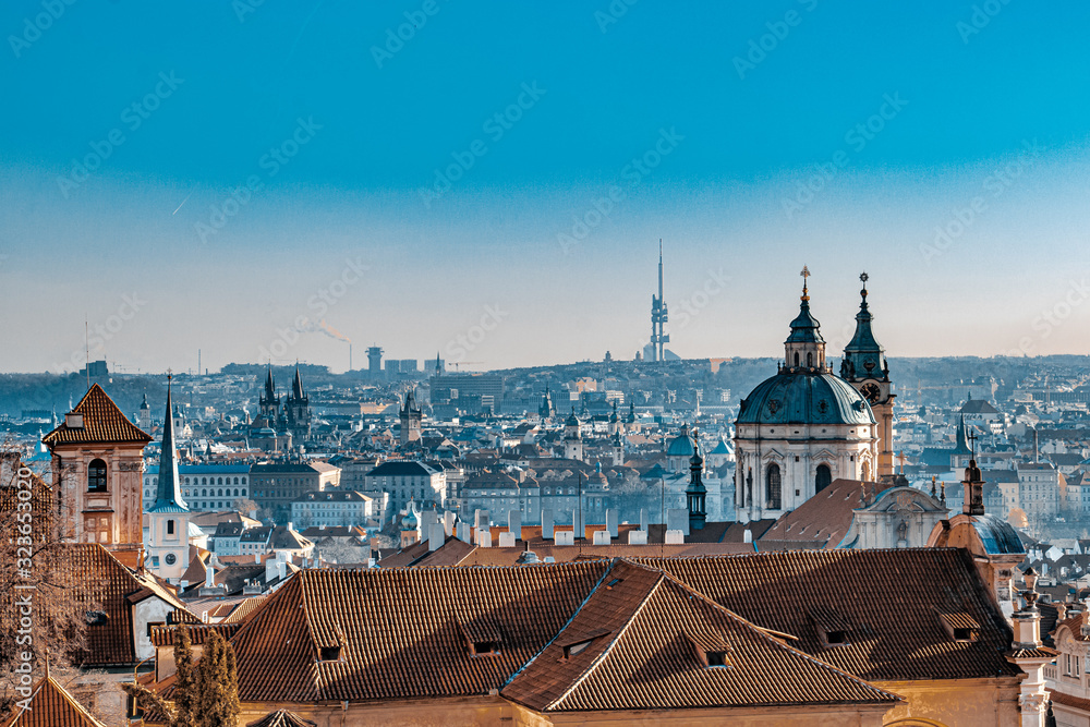 Rooftops of Prague city landscape in december