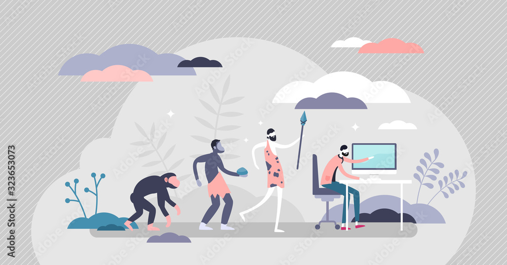 Evolution steps from the cave men to modern human with computer,flat ...