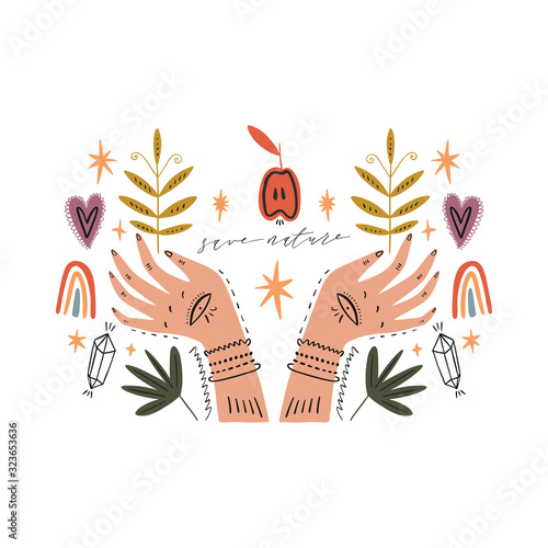 Magical ornate hands. Planet week art, Earth day. Save nature, green life concept. Vector Illustration. Clipart