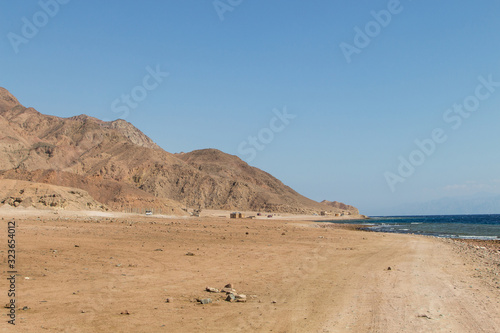 The coastline of the Red Sea and the mountains in the background. Egypt  the Sinai Peninsula.