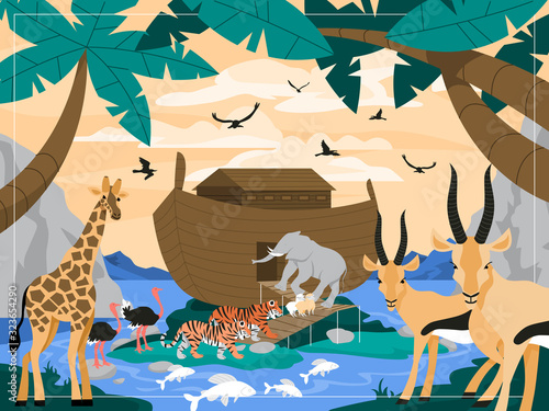 Fototapeta Noah with animals and arc genesis illustration