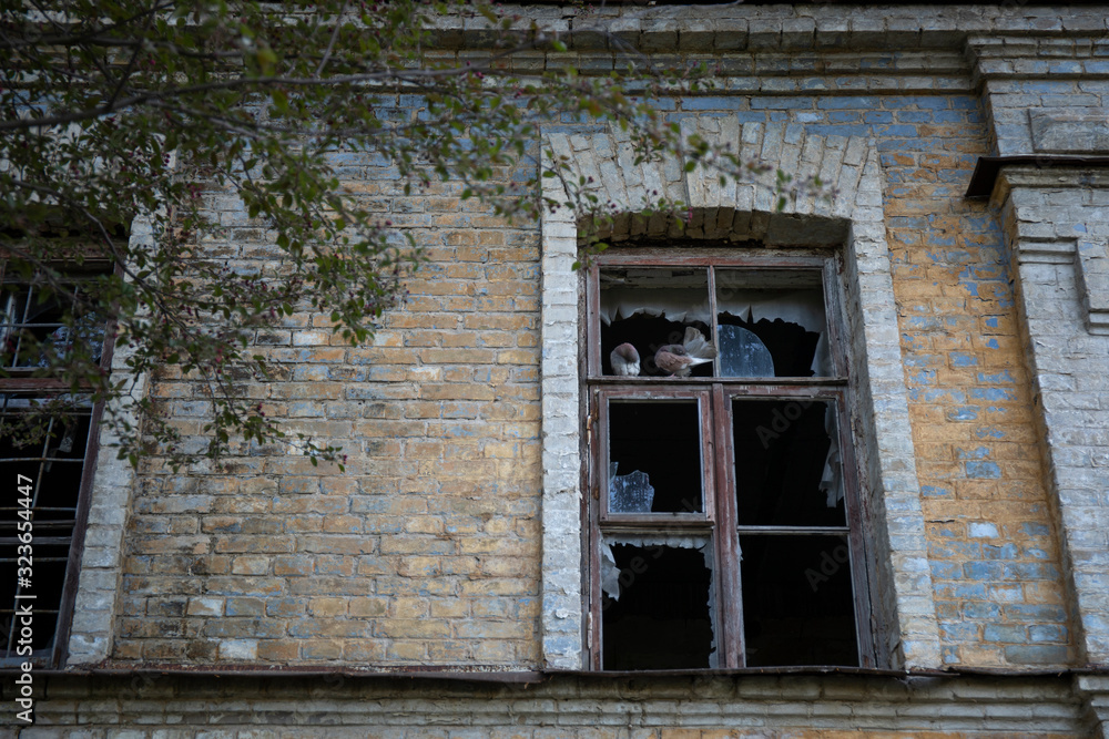 Part of abandoned building with broken window