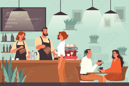 People having lunch in cafe. Female and male characters drink coffee