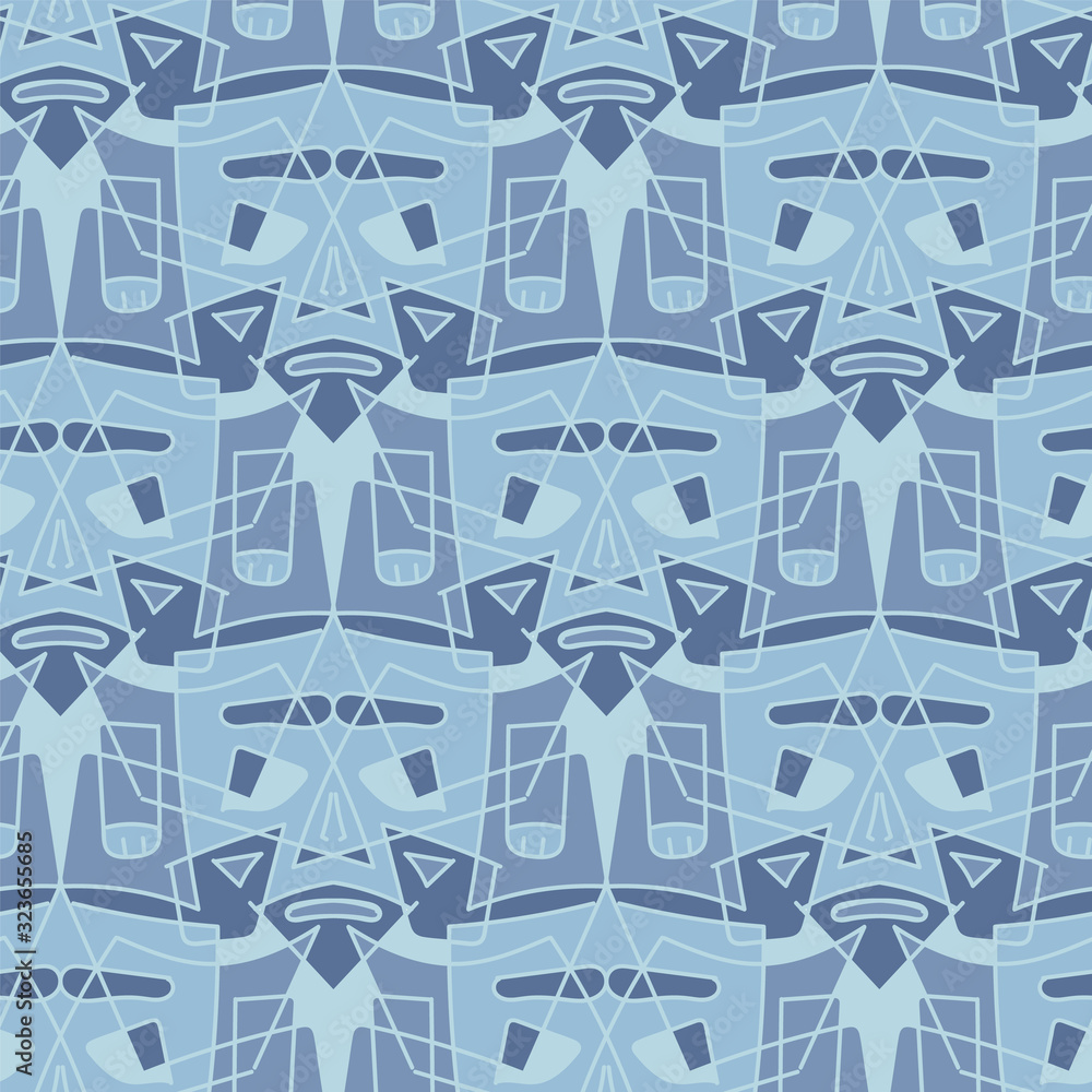 A crowd of weird identical grumpy men seamless vector mosaic pattern in blue colors. Stylized surface print design. A crowd of weird identical grumpy men seamless vector mosaic pattern in blue colors. Stylized surface print design.
