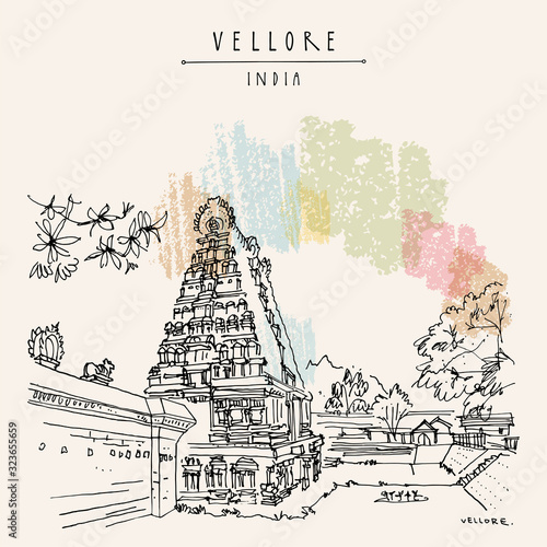 Vellore, Tamil Nadu, South India. Ancient Jalagandeswarar Hindu temple in Vellore fort. Entrance gopuram (tower) Travel sketch drawing. Vintage hand drawn postcard