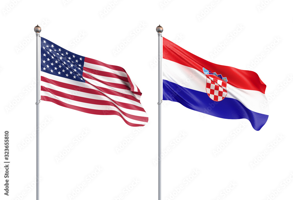 Obraz premium Two waving flags. United States of America flag, isolated on white. 3d Illustration.