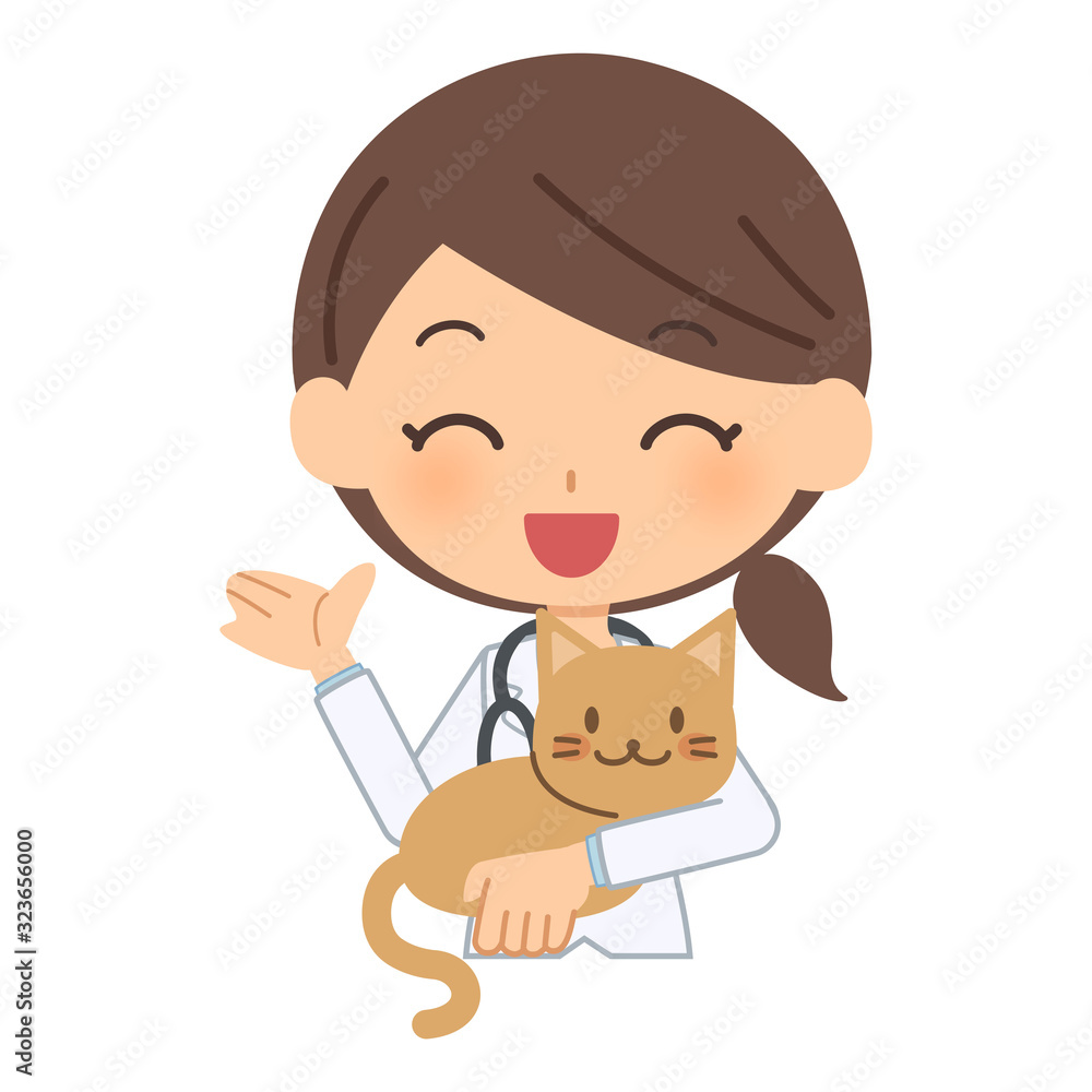 説明をする笑顔の獣医と猫